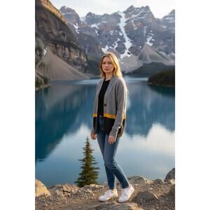 Pendleton Women's XS Merino Wool Gray Yellow White Aztec Cardigan Western